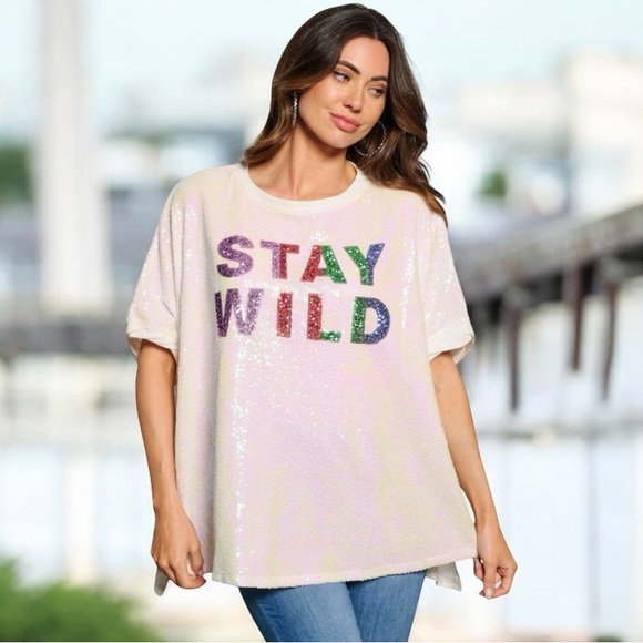 STAY WILD SEQUIN GRAPHIC TOP - Picture 1 of 6